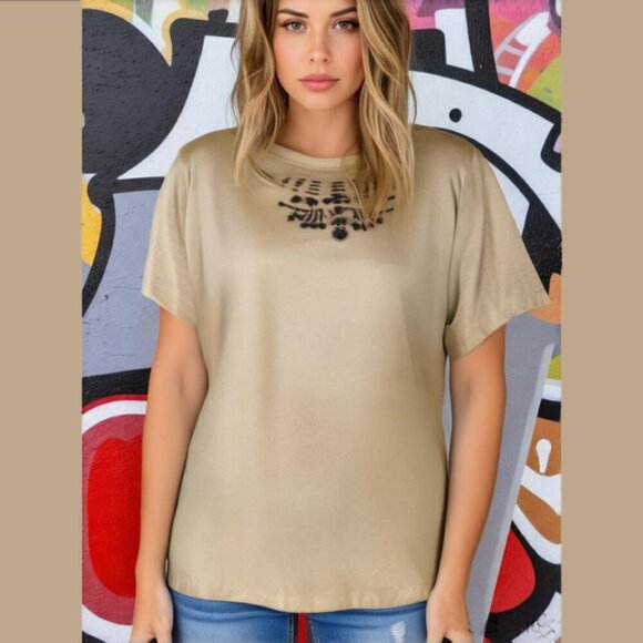 🐣NWT Y2K Short Sleeve Top Hand-Beaded Embellished Jewel Neckline Round-neck Top - Picture 1 of 16